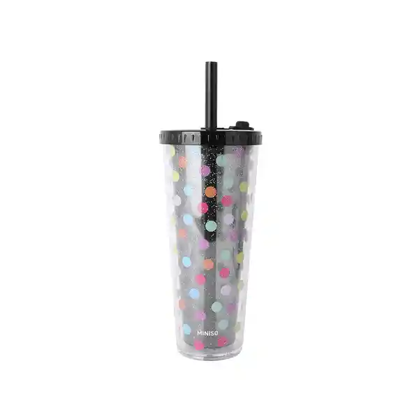 Vaso Plástico Doble Pared Con Pitillo Dots Negro 720 mL Miniso