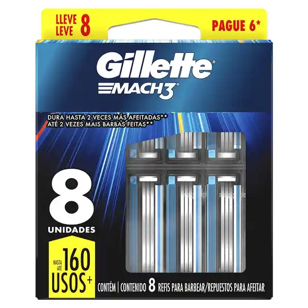 GILLETTE Mach 3 Repuestos para Cuchilla de afeitar con 3 Hojas 8 Repuestos Máquina de Afeitar para Barba Afeitadora para Hombre