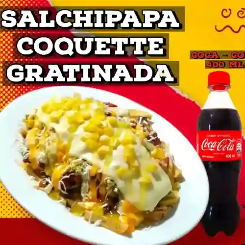 Salchipapa Coquette Gratinada + Coca Col