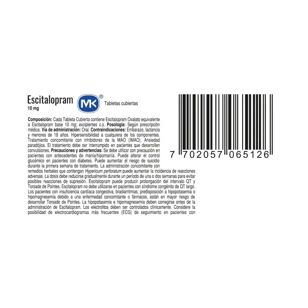 Mk Escitalopram (10 mg) 30 Tabletas