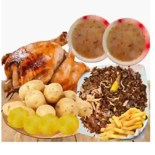 Pollo Asado + Arroz Chino + Papas Vapor +2 Sopas