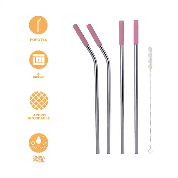 Pitillo de Acero Inoxidable Con Silicona Serie Rosa Miniso