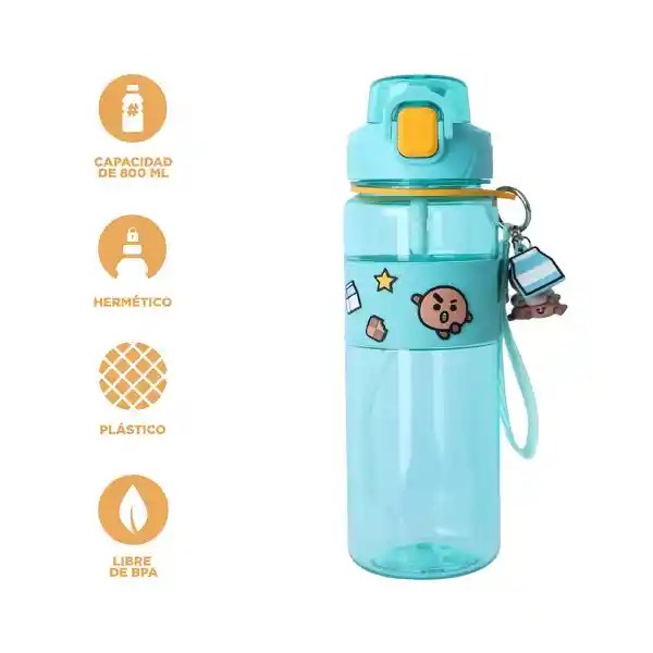 Botella Con Correa y Funda Serie Shooky Aqua 800 mL Bt21 Miniso