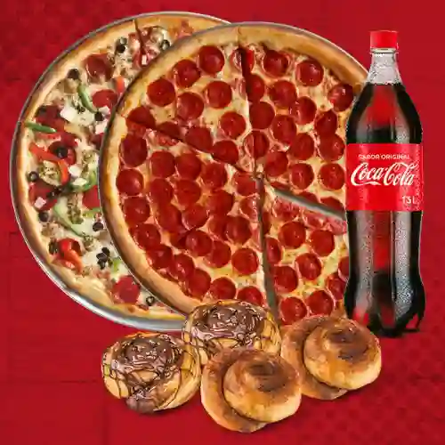 2pizza M +cocacola 1,5 L+4 Rollos Dulces