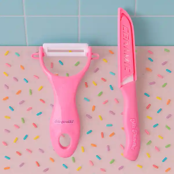 Cuchillo y Pelador de Verduras Mis Pastelitos Rosa Miniso