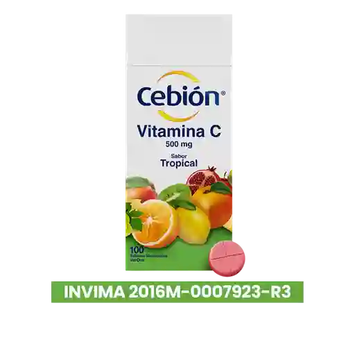 Cebión tabletas Masticables de Vitamina C sabor Tropical por 100 unidades