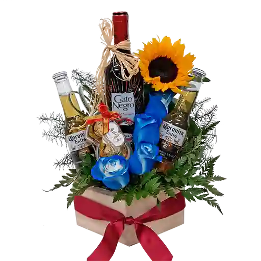 Arreglo Floral Mini en Girasol Con Cerveza y Vino
