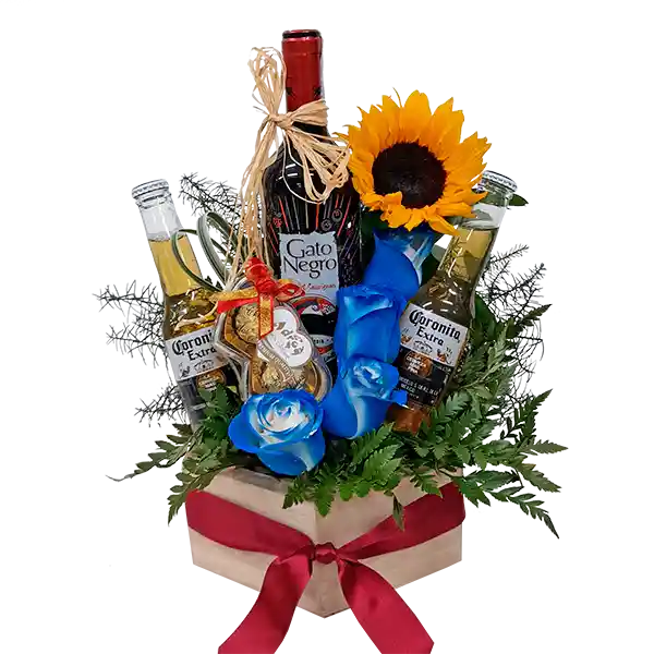 Arreglo Floral Mini en Girasol Con Cerveza y Vino