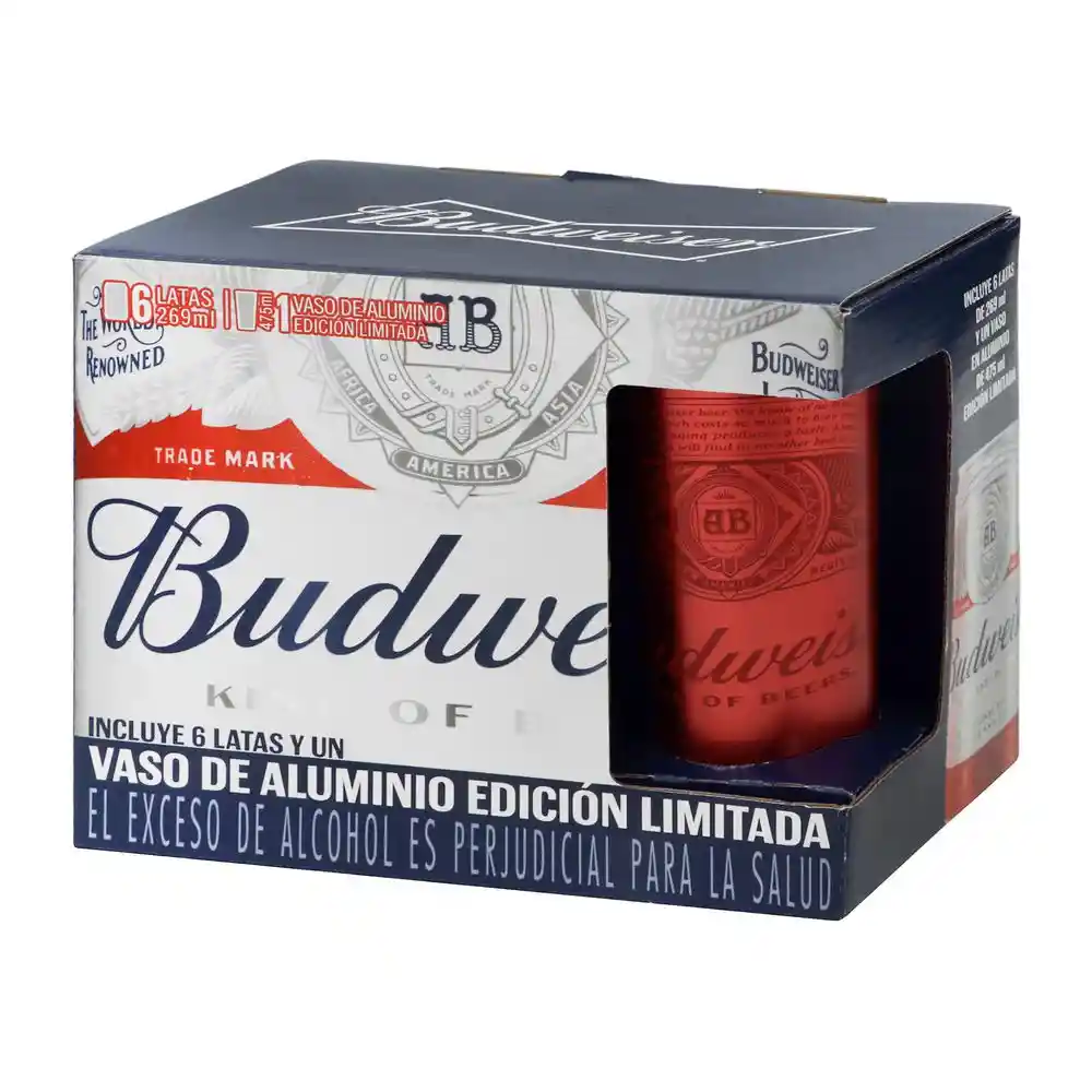 Kit Cerveza Budweiser Lata 269 ml x6 + 1 Vaso Aluminio