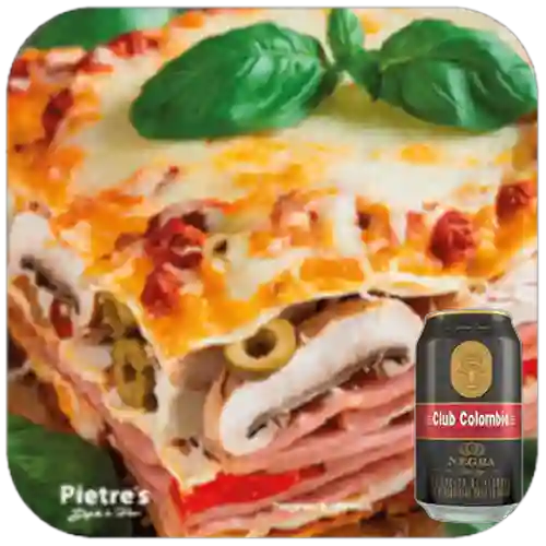 Combo Lasagna Especial Pollo, Champiñón, Jamón + Club Cola Negra Lata 330ml
