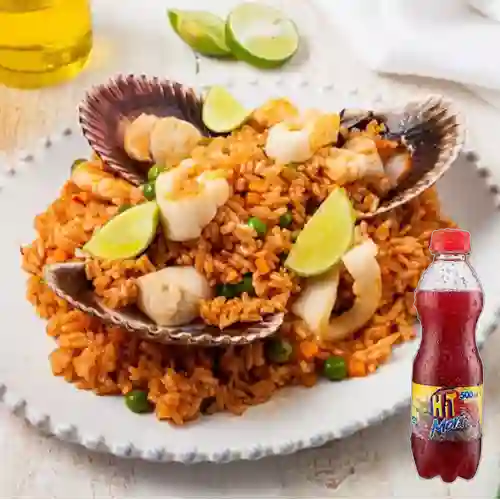 Combo Arroz c/ Mariscos Caja Pequeña +Hit Mora 500ml