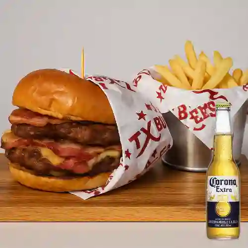 Combo Burger Doble + Cerveza Corona Bot. 355ml