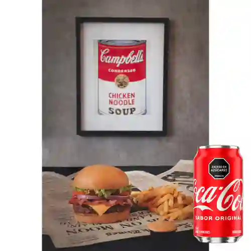 Bacon Cheese Burger +Papas. + Cocacola Org 330ML