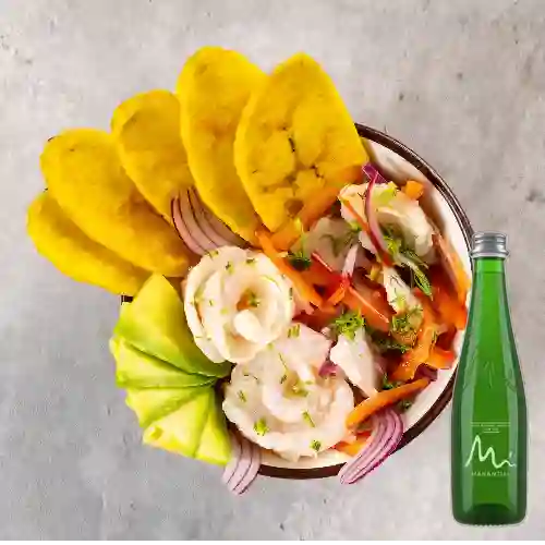Combo Ceviche Peruano + Manantial Con Gas 400 ml