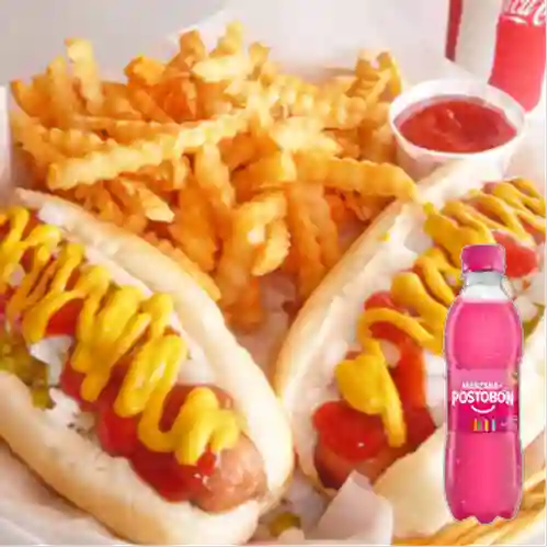 2 Perros Calientes + 2 Papas Francesas + Gaseosa Manzana 250ml Pet