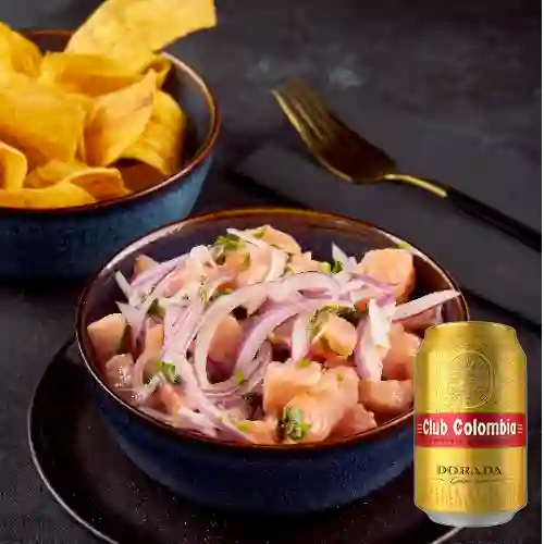 Combo Ceviche de Salmón Fresco +Club col. Dorada 355ml