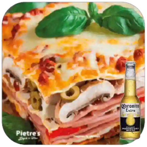 Combo Lasagna Especial Pollo, Champiñón, Jamón + Coronita 210ml