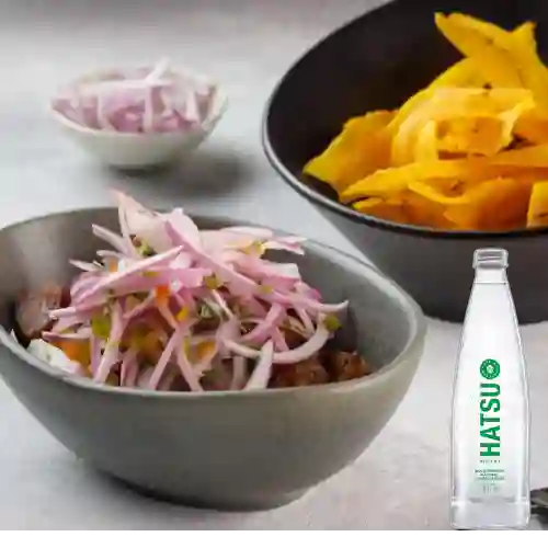 Ceviche Chicharron Al Barril +Agua Hatsu C/Gas 300ml