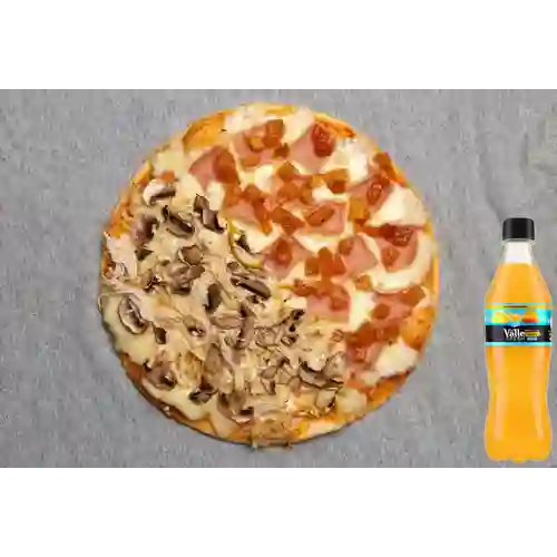 1/2 Pollo-champiñón 1/2 Hawaiana +Del Valle Naranja 400ml