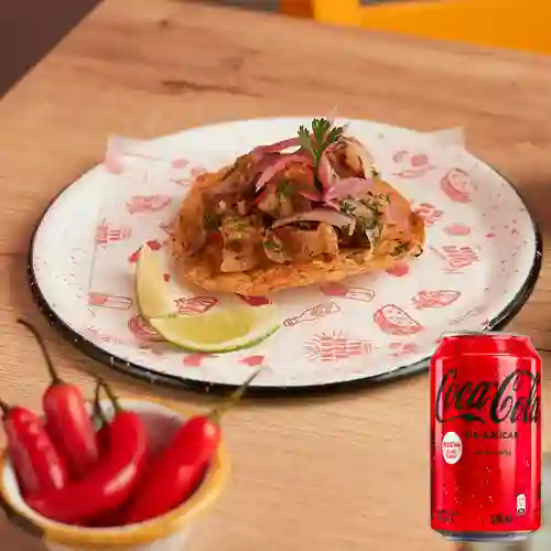Tostada c/ Ceviche de Chicharrón +Cocacola S/az 330ML