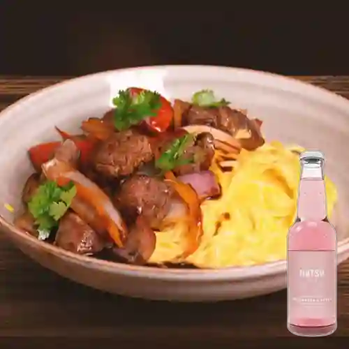 Tallarines Huancaína c/ Lomo Saltado +Hatsu Frambuesa&Rosas 300ml