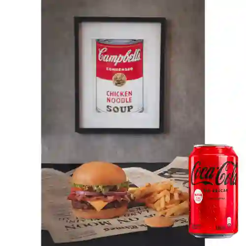 Bacon Cheese Burger +Papas. + Cocacola S/az 330ML
