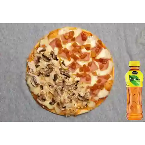 Pizza 1/2 Pollo-champiñón 1/2 Hawaiana +Fuzetea Limón 400ml