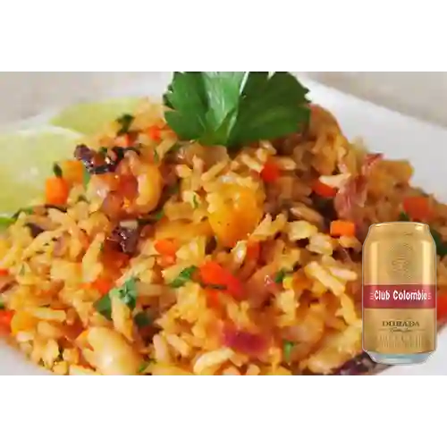 Combo Arroz a la Marinera pequeño + Club Col. Dorada 330ml Lata