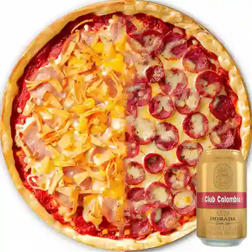 Combo Pizza Mediana 2 Sabores + Club Colombiana Dorada 330ml