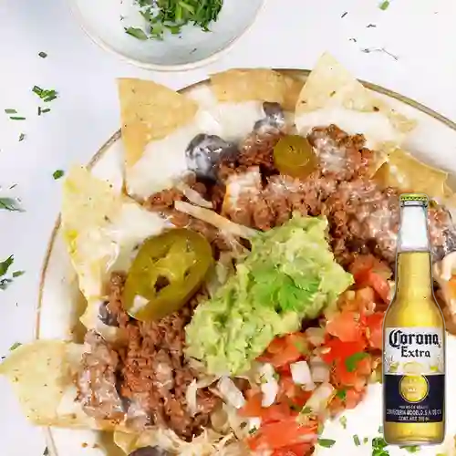 Combo Nachos Locos Solo Carne. +  Corona Bot. 355ml