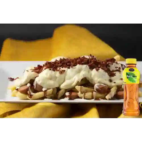 Salchipapa Gratinada c/ Tocineta +Fuzetea Limón 400ML