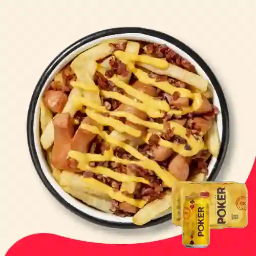 Combo Salchipapa Queso-Tocineta + Poker Sixpack Lata 330ml
