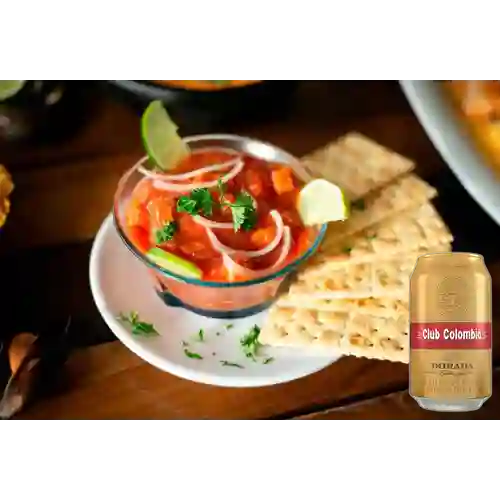 Combo Ceviche de Camarón + Club col. Dorada Lta 330ml