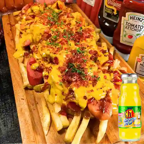 Salchipapa Media Tocineta&Queso +Hit Naranja Piña 350ml