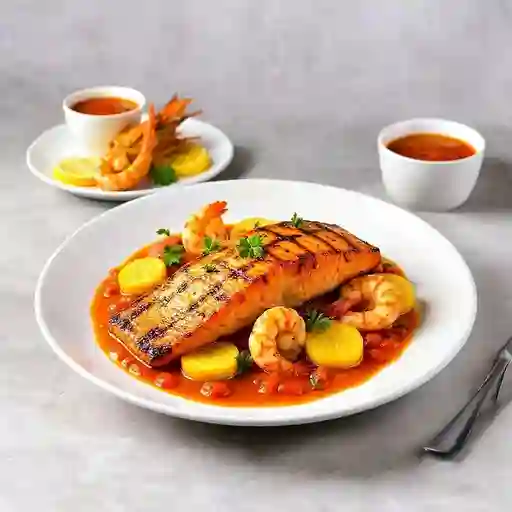 Salmón con Camarones Salteados