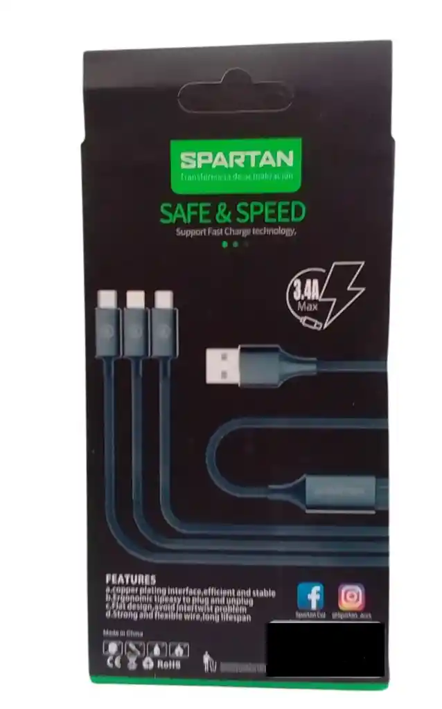 iPhone Cable Carga Celular 3 En 1 Tipo C,Y V8 Spartan