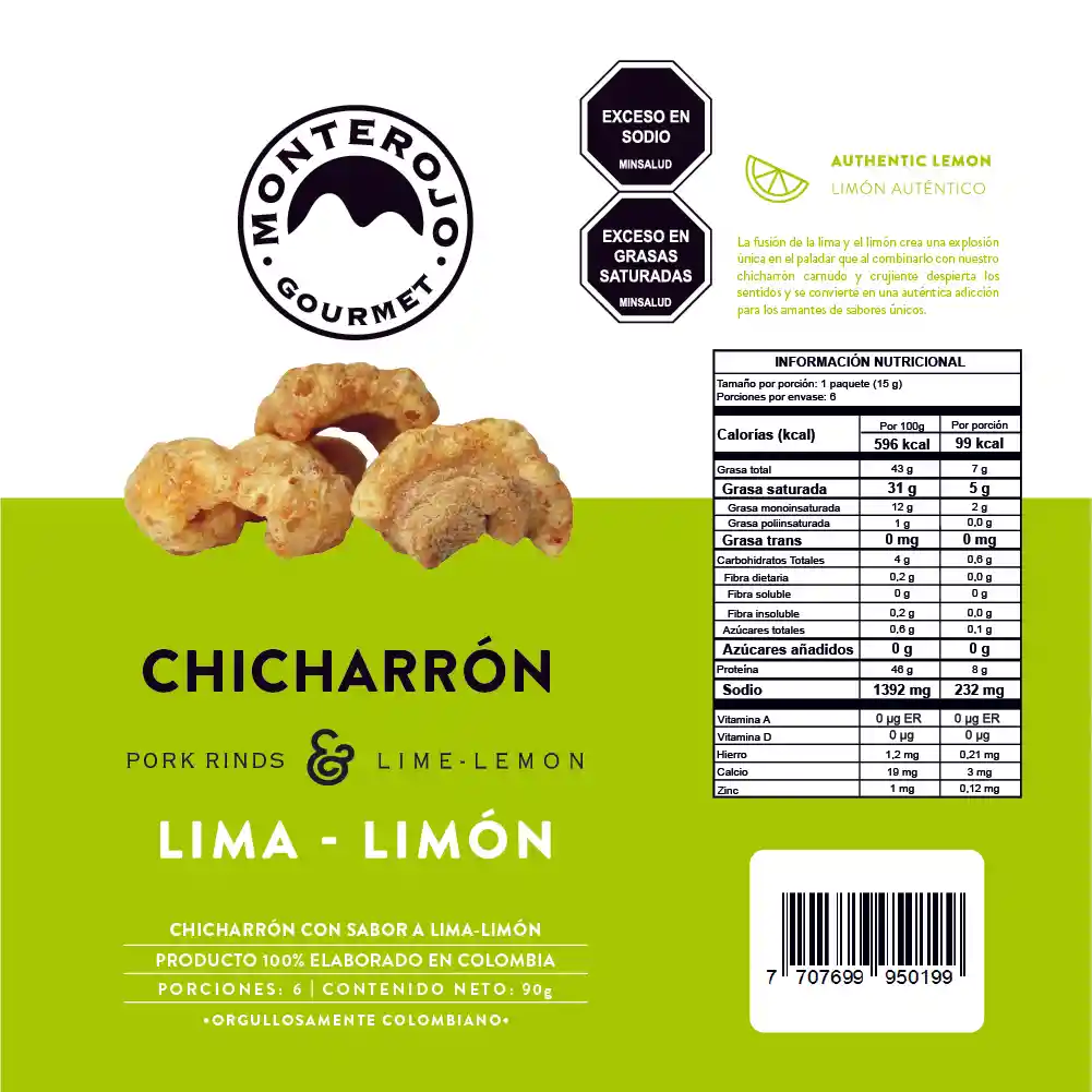 Monte Rojo Chicharrón Carnudo Lima Limón Club Colombia 90g