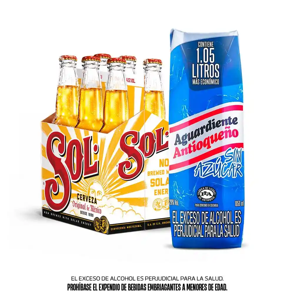 Six Pack Cerveza Sol Lata 269 Ml  + Antioqueño Azul Sin Azucar Tetra 1050 Ml