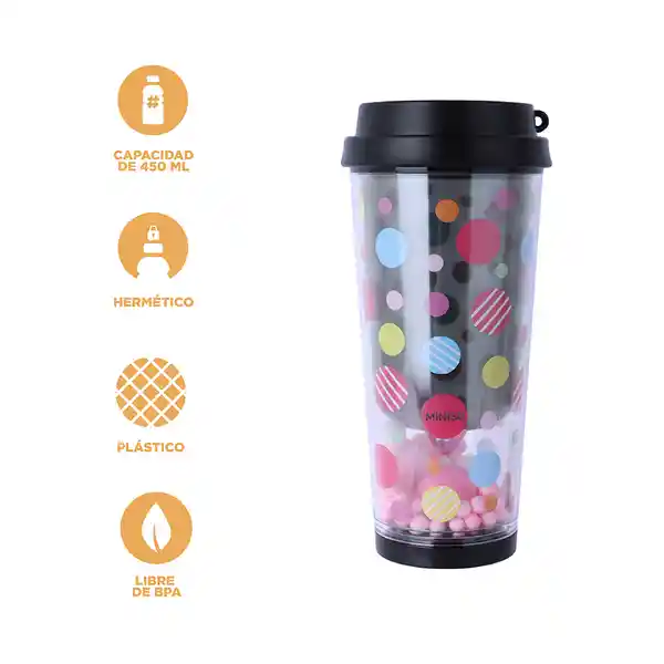 Vaso Plástico de Doble Pared Serie Dots Negro 450 mL Miniso