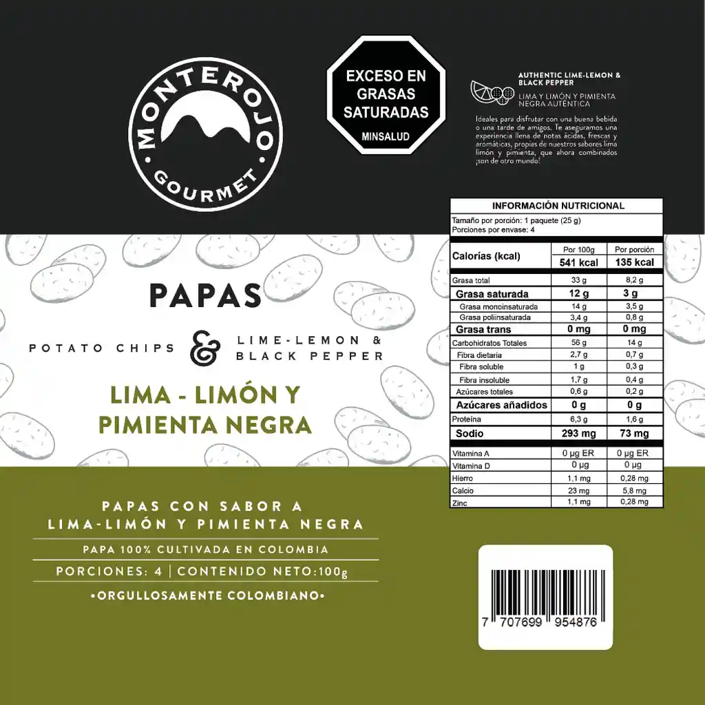 Monterojo Papas con Sabor Lima Limón y Pimienta Negra