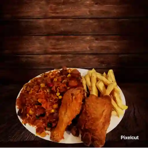 Arroz paisa con 1/4 de pollo broaster