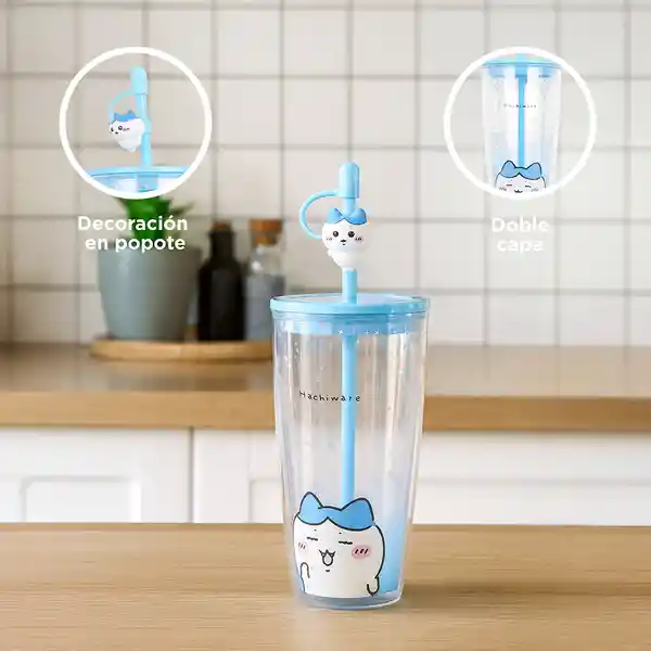 Vaso Con Doble Pared y Pitillo Hachiware Azul 700 mL Miniso