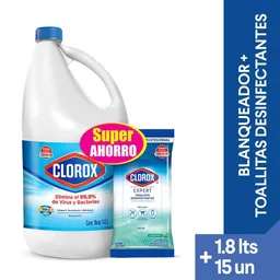 Blanqueador Clorox 1.8 lt + Toallita Desinfectante Expert 15 un