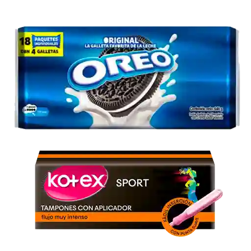 Combo Galletas Oreo x18 + Tampones Kotex x16