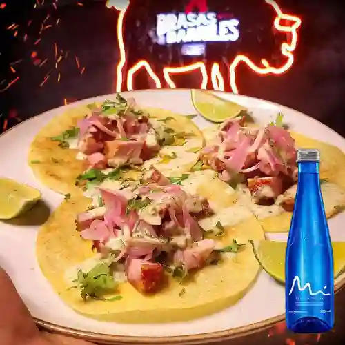 Tacos de Ceviche de Chicharrón +Manantial S/gas 500ml