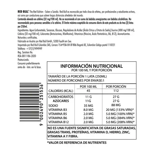 Red Bull Bebida Energizante Sandia 250 mL