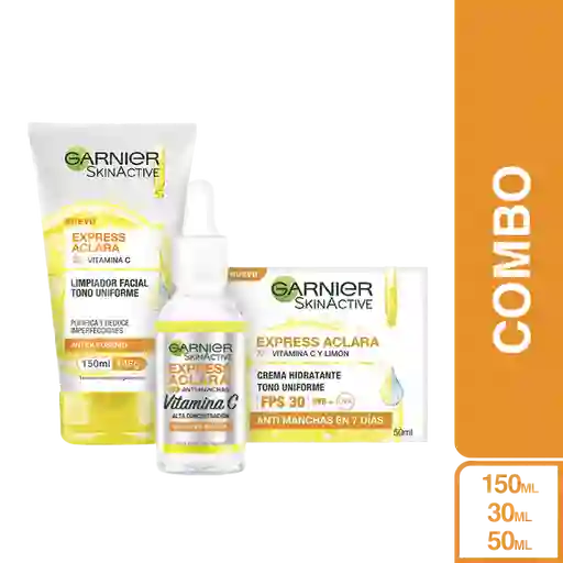 Combo Garnier Gel Limpia + Serum + Crema Facial Express Aclara