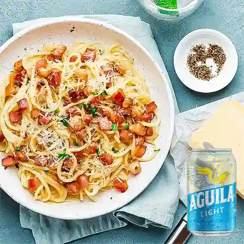 Combo Pasta Carbonara + Cerveza Aguila Light Lta 330ml