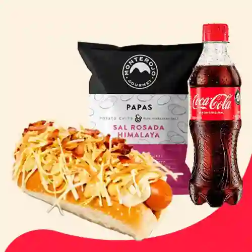 Perro trancado + papas + coca cola 400ml