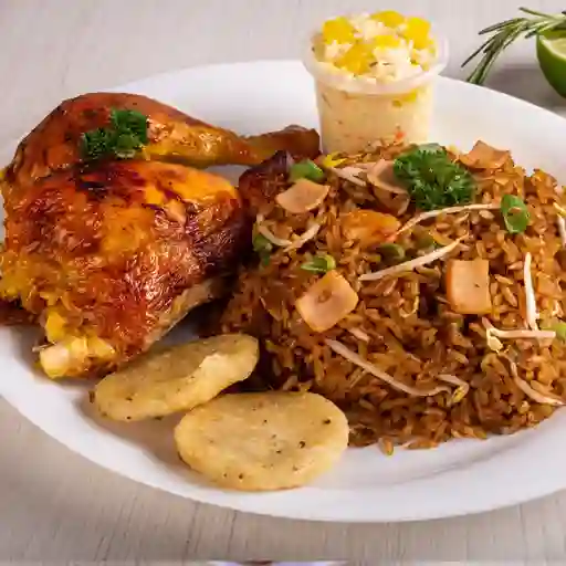 Pollo asado más arroz y gaseosa